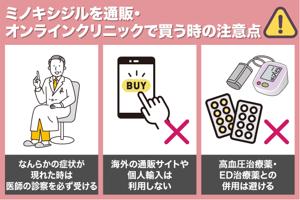 ミノキシジルを通販・オンラインクリニックで買う時の注意点を解説している画像
