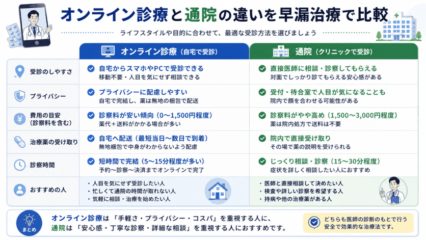 オンライン診療・通院による早漏治療の比較結果