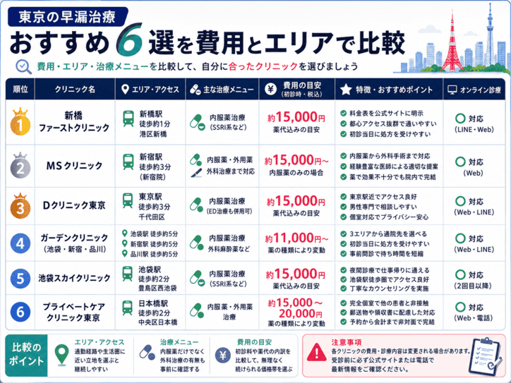 東京で早漏治療を取り扱っているおすすめクリニックの費用・エリアの比較結果