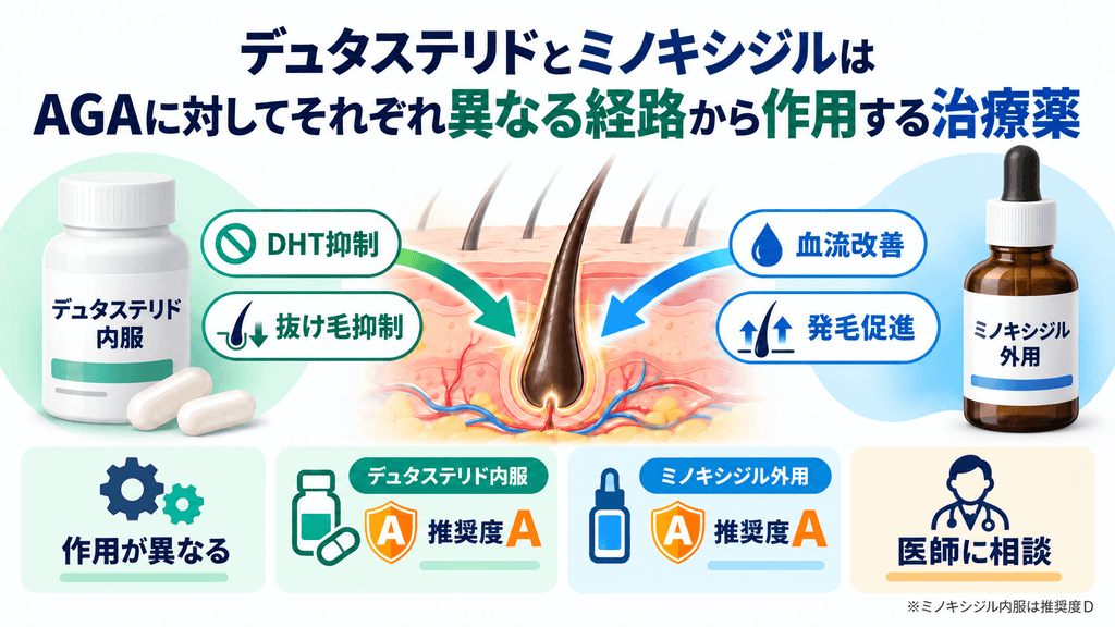 デュタステリドとミノキシジルのの作用について解説した画像